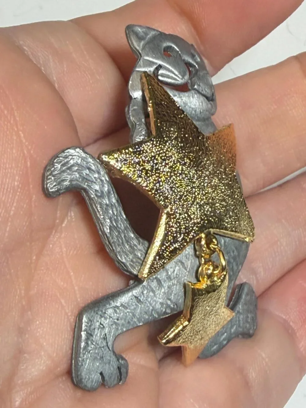 Ultra Craft Cat Brooch OOAK Upcycled Gold Star Dangle Vintage 2 inches